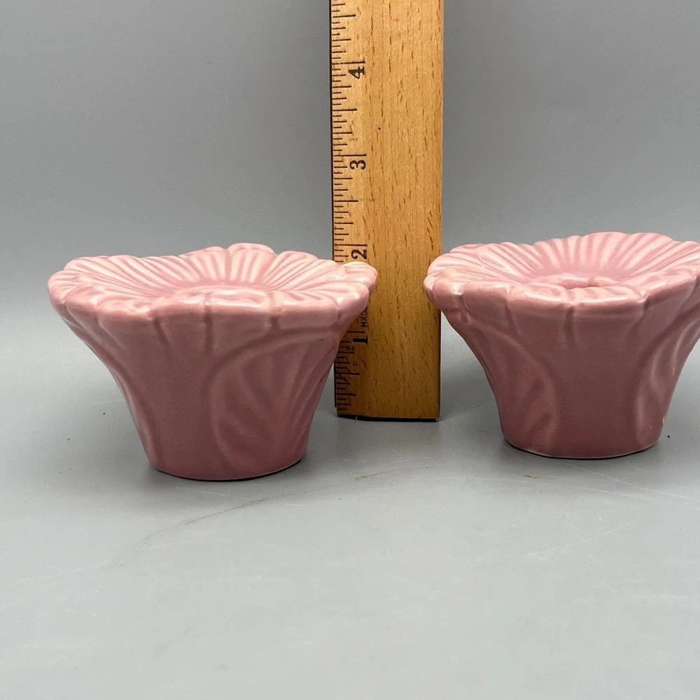 Pair Vintage Mid Century Pink Pottery Flower Candle stick holders‎
